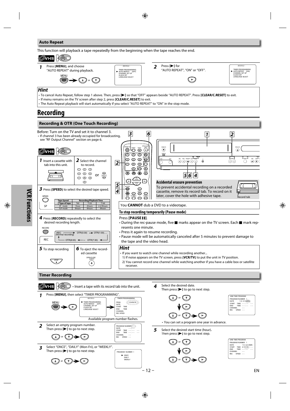 Recording g, Vcr f u nct io ns, Hint | Accidental erasure prevention, Recording & otr (one touch recording), Auto repeat, Timer recording, You cannot dub a dvd to a videotape, Before: turn on the tv and set it to channel 3, Insert a tape with its record tab into the unit | Philips Magnavox DVD/CD Player with Video Cassette Recorder CMWD2206 A User Manual | Page 12 / 26