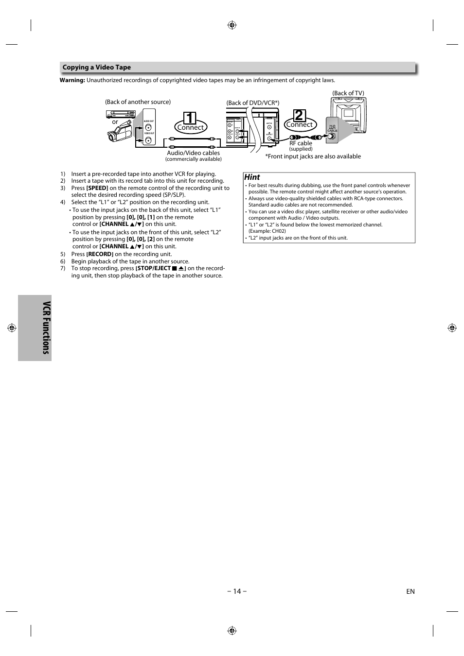 Vcr f u nct io ns, Hint, Connect | Copying a video tape, Audio/video cables, Rf cable, Front input jacks are also available | Philips Magnavox DVD/CD Player with Video Cassette Recorder CMWD2206 A User Manual | Page 14 / 26