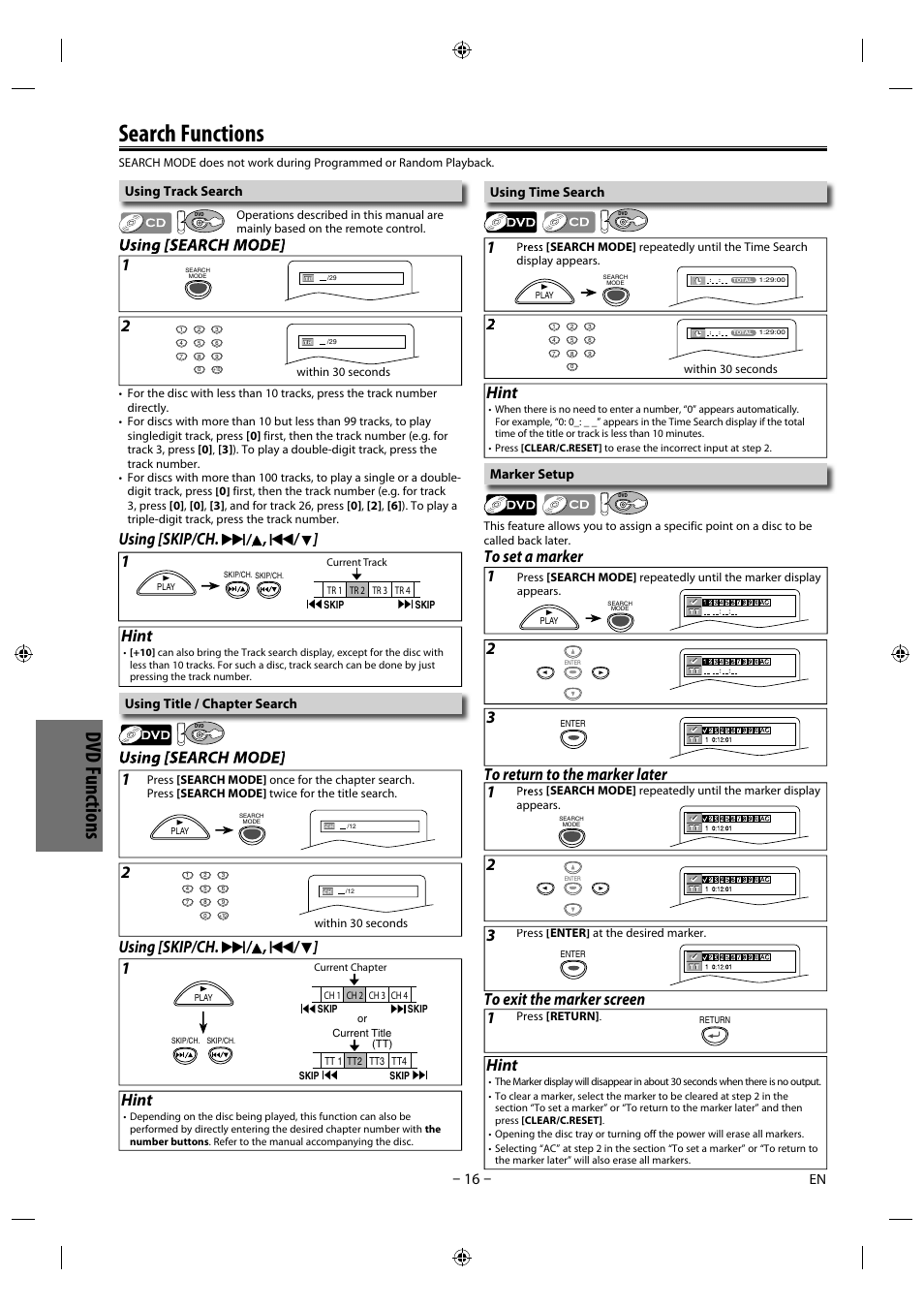 Search functions, Dvd f u nct io ns, Hint | Using [skip/ch. g/ / k // , h / l ] hint, 1using [skip/ch. g/ / k // , h / l ] hint | Philips Magnavox DVD/CD Player with Video Cassette Recorder CMWD2206 A User Manual | Page 16 / 26