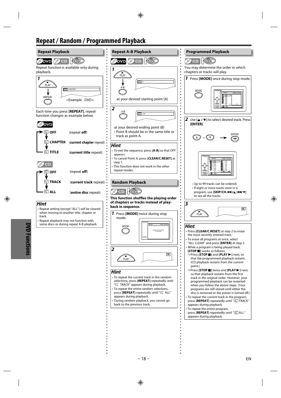 Repeat / random / programmed playback p g y, Dvd f u nct io ns, Hint | Philips Magnavox DVD/CD Player with Video Cassette Recorder CMWD2206 A User Manual | Page 18 / 26
