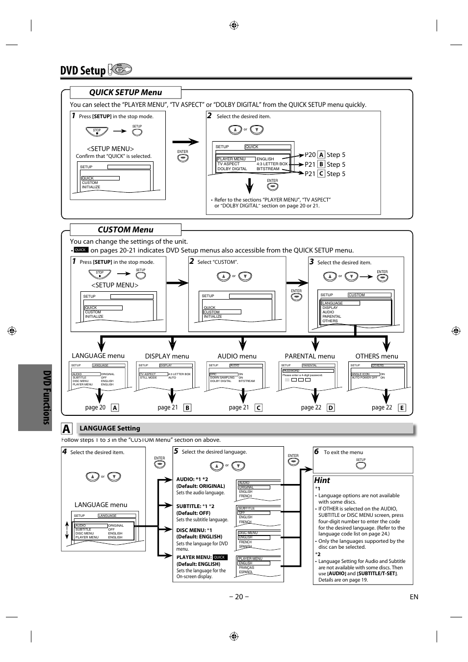 Dvd setup p, Dvd f u nct io ns, Hint | Quick setup menu, Custom menu | Philips Magnavox DVD/CD Player with Video Cassette Recorder CMWD2206 A User Manual | Page 20 / 26