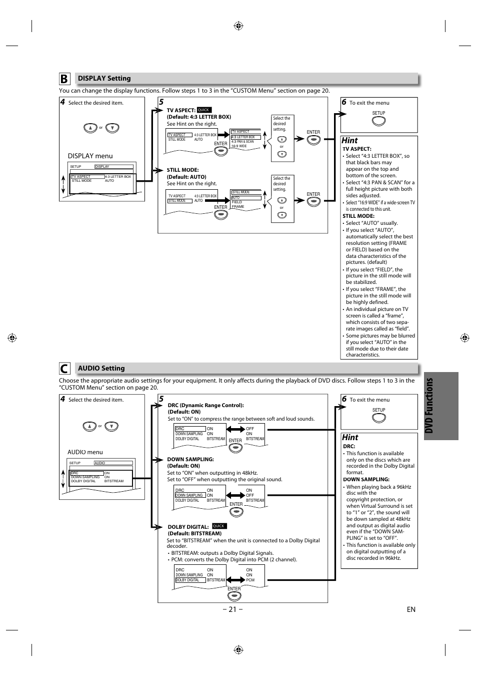 Dvd funct ion s, 5hint, Hint | Philips Magnavox DVD/CD Player with Video Cassette Recorder CMWD2206 A User Manual | Page 21 / 26