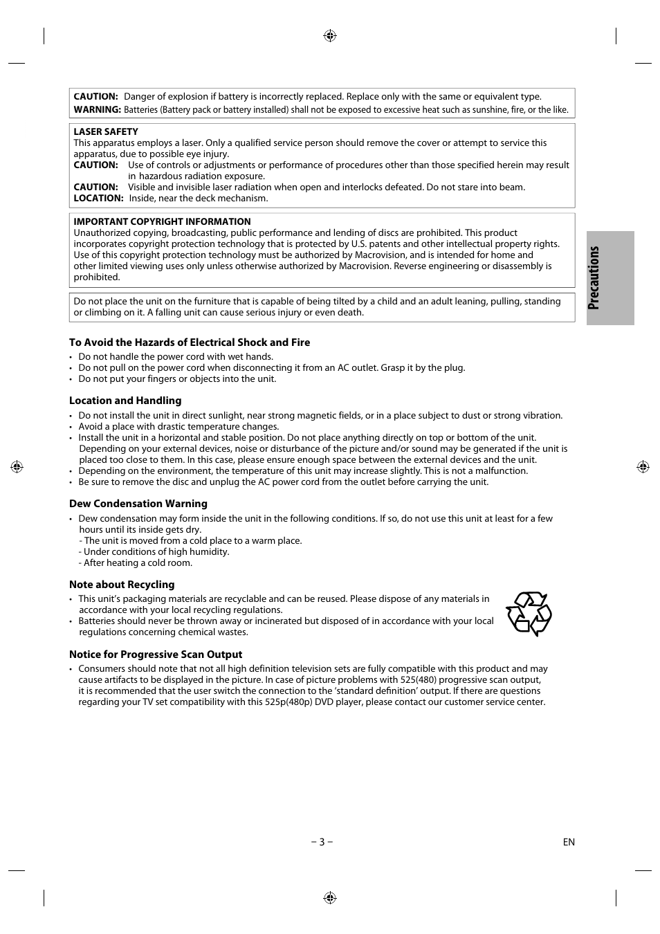 Precaut ions | Philips Magnavox DVD/CD Player with Video Cassette Recorder CMWD2206 A User Manual | Page 3 / 26