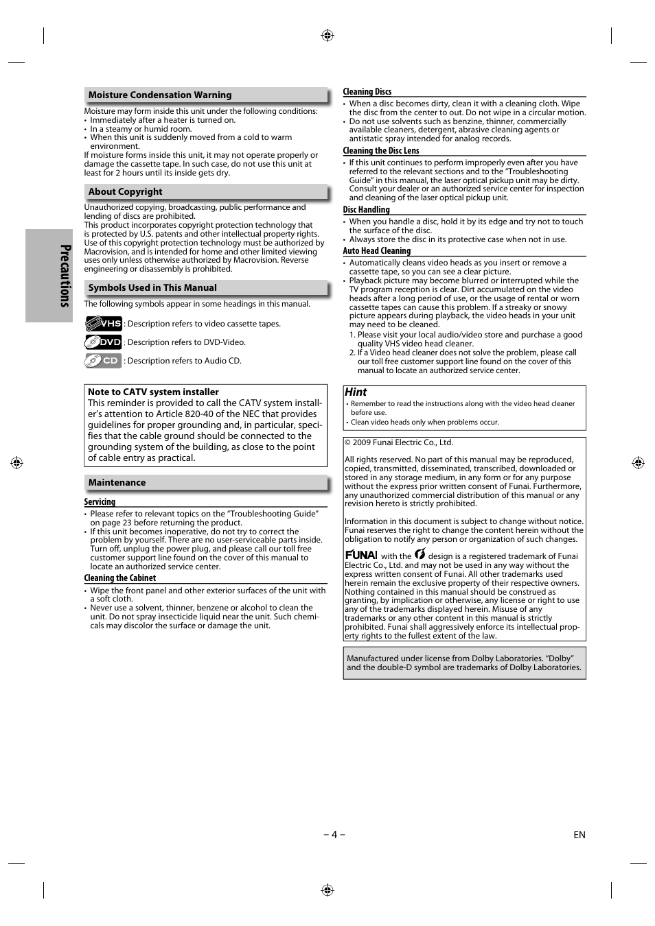 Prec au tio n s, Hint | Philips Magnavox DVD/CD Player with Video Cassette Recorder CMWD2206 A User Manual | Page 4 / 26