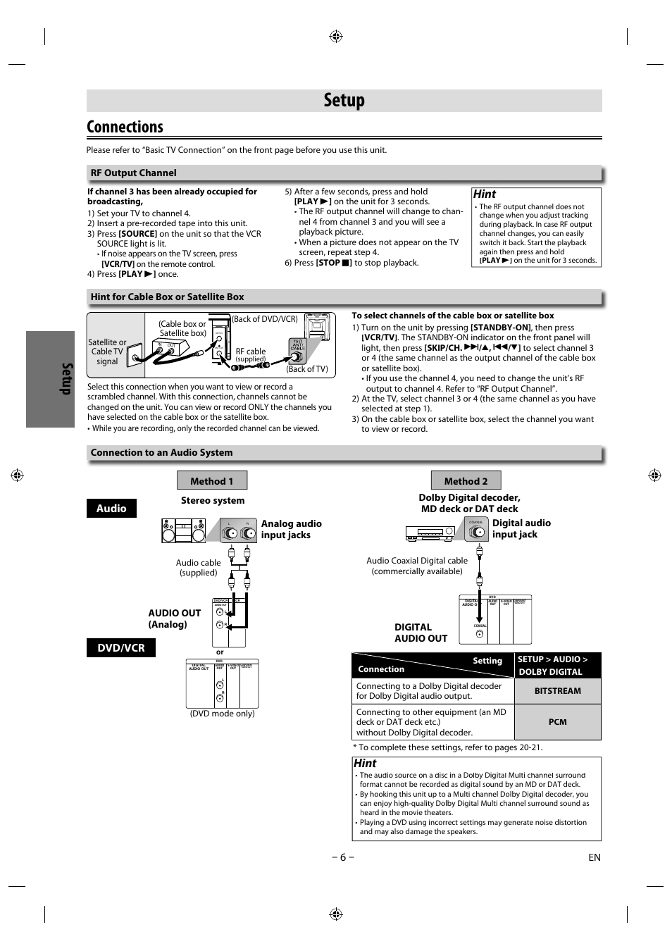 Setup, Connections, Setu p | Hint, Audio dvd/vcr, Hint for cable box or satellite box, Digital audio input jack digital audio out, Rf output channel | Philips Magnavox DVD/CD Player with Video Cassette Recorder CMWD2206 A User Manual | Page 6 / 26