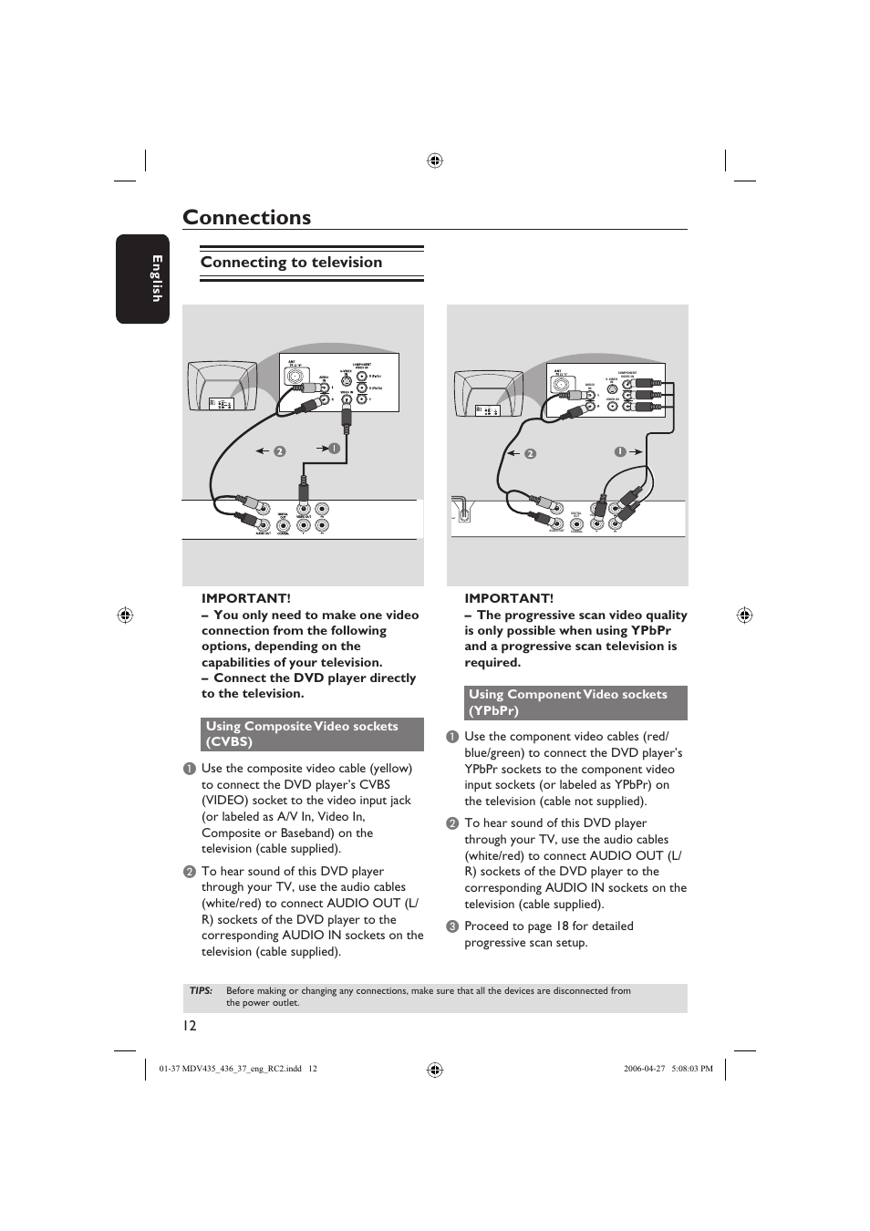 Connections, Connecting to television | Philips Magnavox mdv436 User Manual | Page 12 / 37