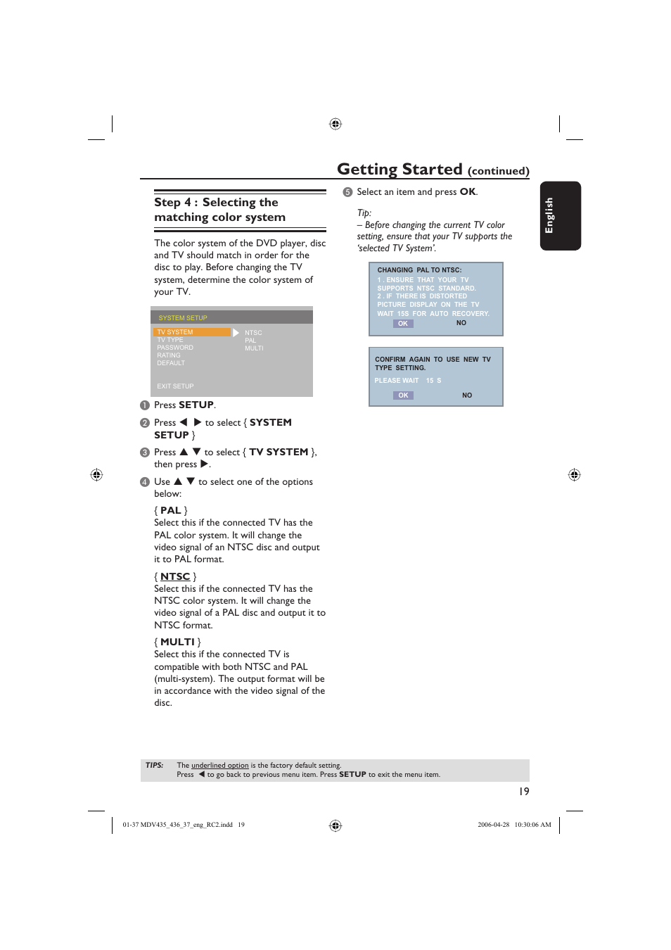 Getting started, Step 4 : selecting the matching color system, Continued) | Philips Magnavox mdv436 User Manual | Page 19 / 37