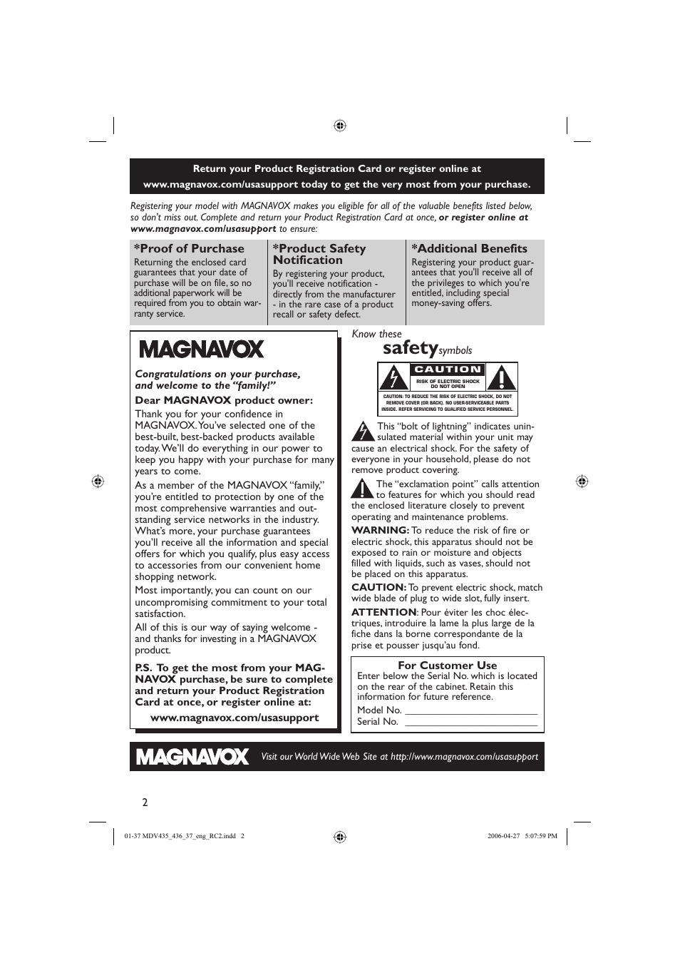 Safety, Proof of purchase, Product safety notification | Additional benefits | Philips Magnavox mdv436 User Manual | Page 2 / 37