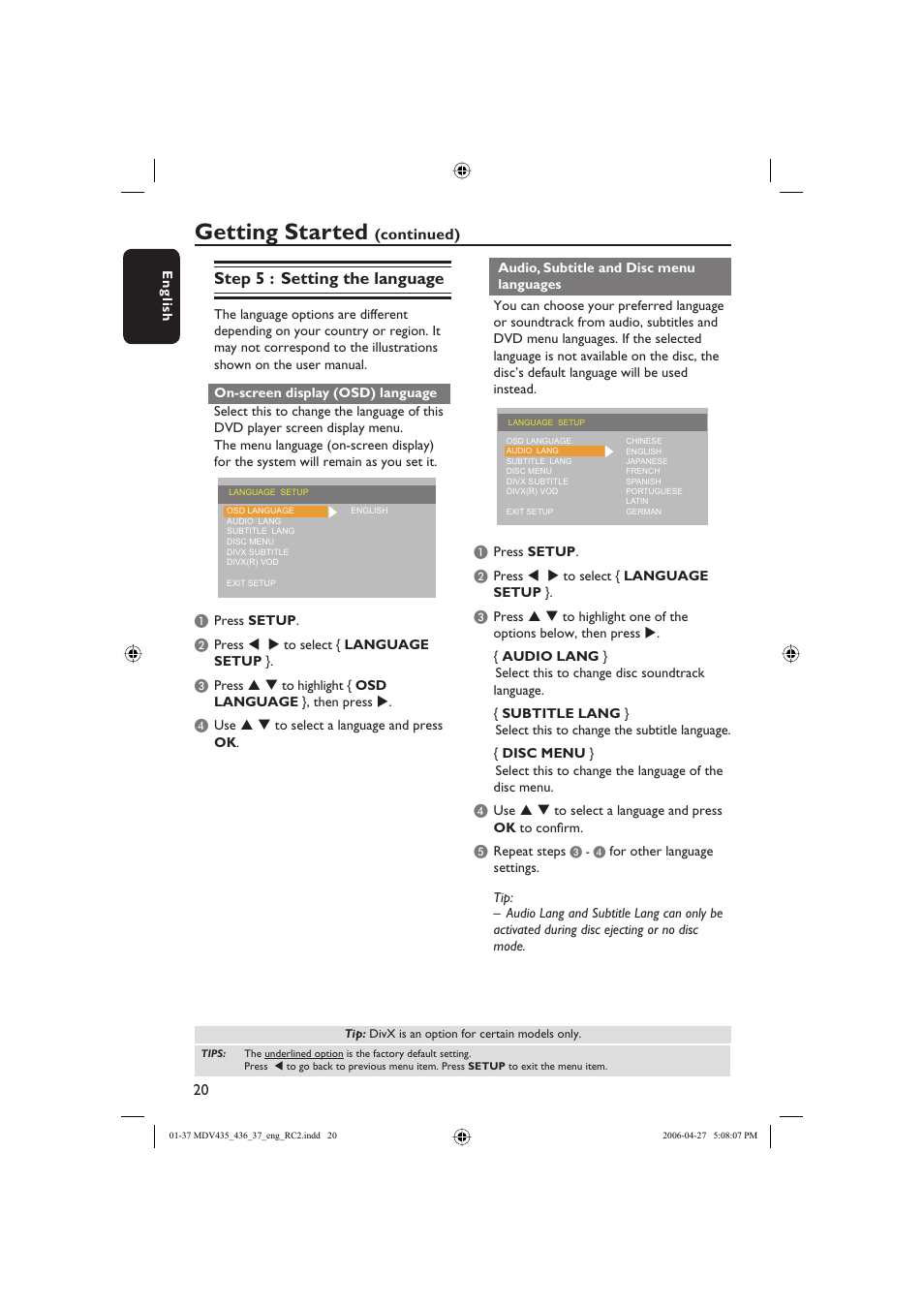 Getting started, Step 5 : setting the language, Continued) | Philips Magnavox mdv436 User Manual | Page 20 / 37