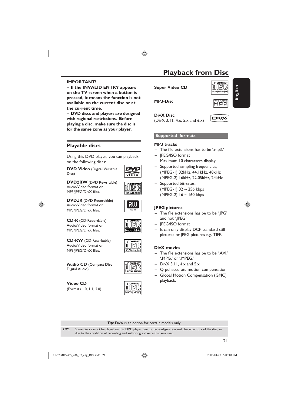 Playback from disc, Playable discs | Philips Magnavox mdv436 User Manual | Page 21 / 37