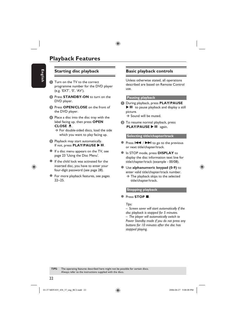 Playback features | Philips Magnavox mdv436 User Manual | Page 22 / 37