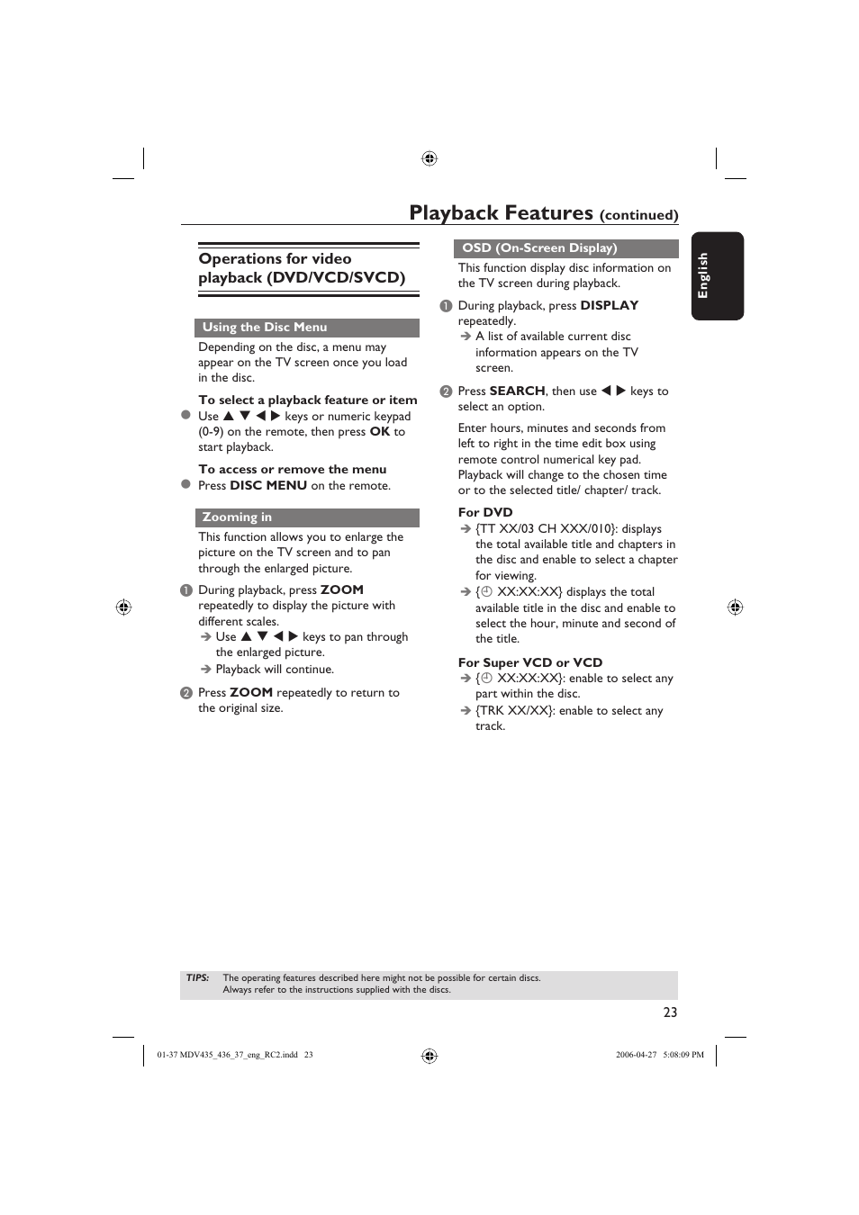 Playback features, Operations for video playback (dvd/vcd/svcd) | Philips Magnavox mdv436 User Manual | Page 23 / 37