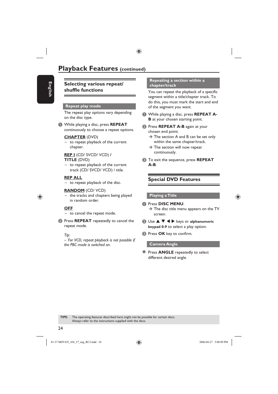 Playback features | Philips Magnavox mdv436 User Manual | Page 24 / 37