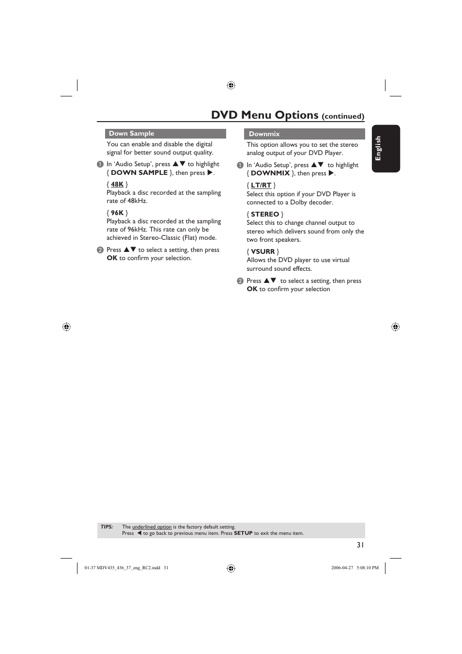 Dvd menu options | Philips Magnavox mdv436 User Manual | Page 31 / 37