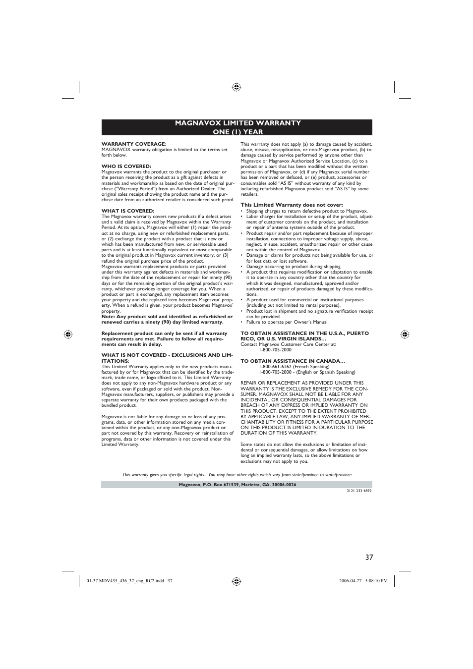 English, Magnavox limited warranty one (1) year | Philips Magnavox mdv436 User Manual | Page 37 / 37