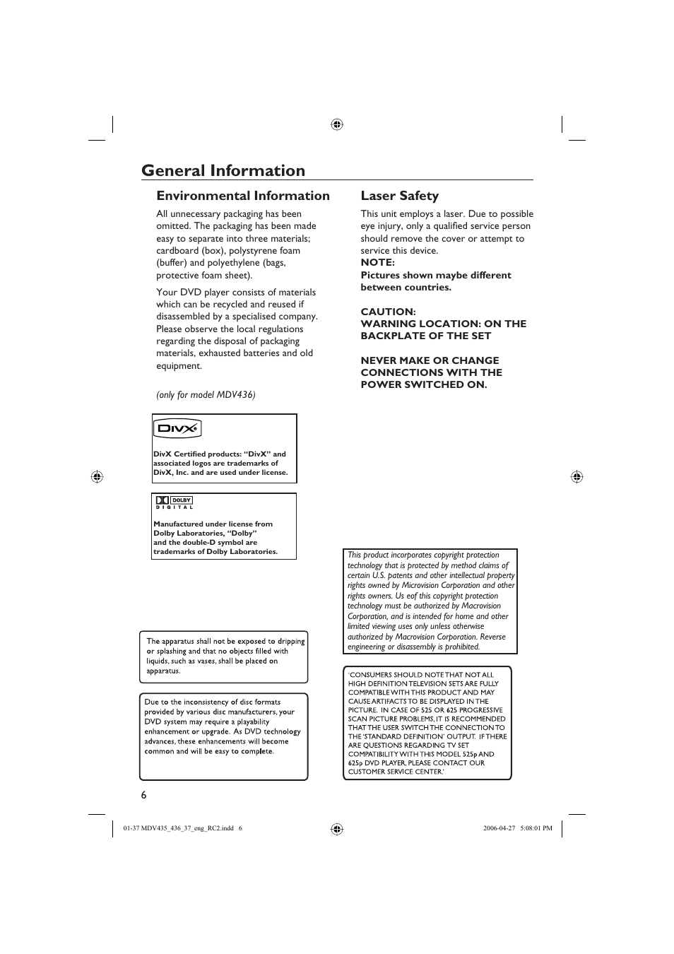 General information, Environmental information, Laser safety | Philips Magnavox mdv436 User Manual | Page 6 / 37