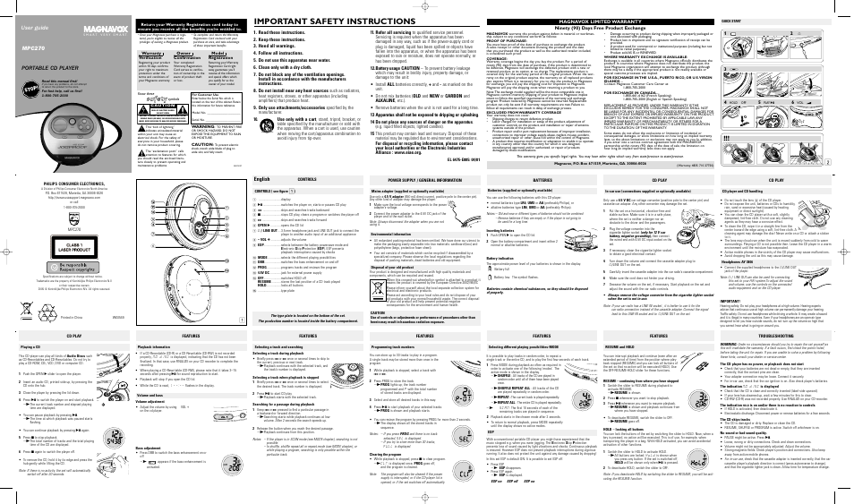 Philips Magnavox MPC270 User Manual | 2 pages