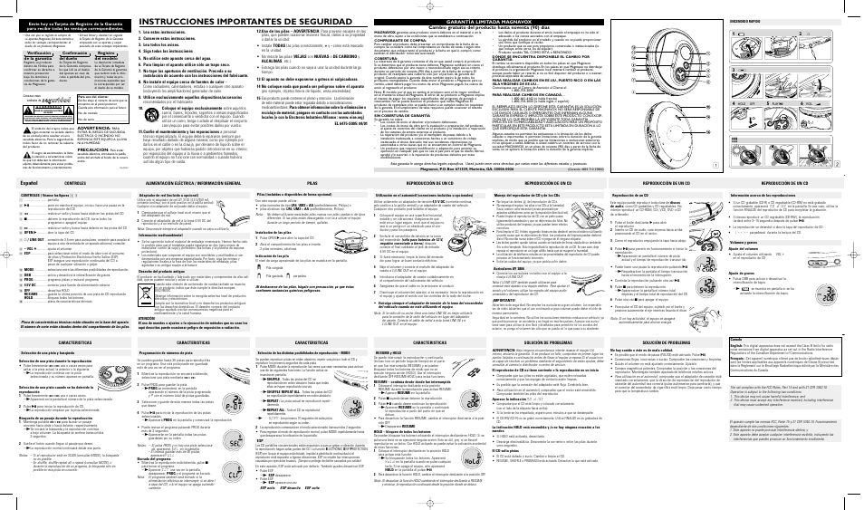 Instrucciones importantes de seguridad, Seguridad, Español | Philips Magnavox MPC270 User Manual | Page 2 / 2