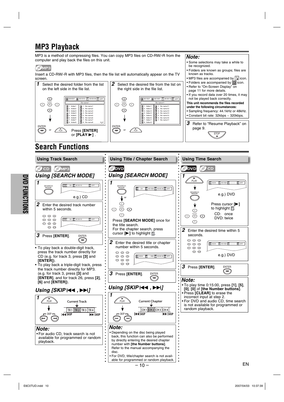 Search functions, Mp3 playback, Dvd functions | Using [search mode, Using [search mode] 1 2, Using [skip, Using time search, Using track search, Using title / chapter search | Philips Magnavox DP100MW8 User Manual | Page 10 / 20