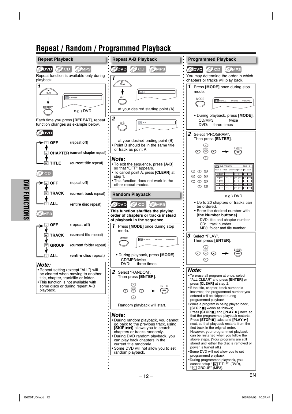 Repeat / random / programmed playback, Dvd functions, Repeat playback | Repeat a-b playback programmed playback, Random playback | Philips Magnavox DP100MW8 User Manual | Page 12 / 20
