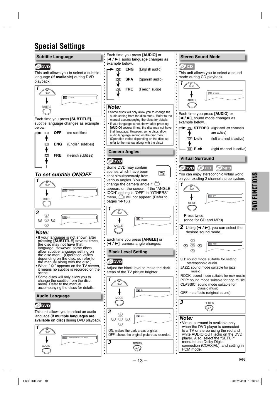 Special settings, Dvd functions | Philips Magnavox DP100MW8 User Manual | Page 13 / 20