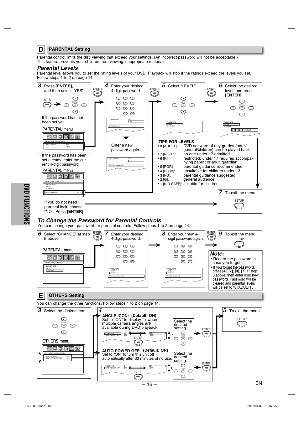 Dvd functions, Parental levels, Parental menu | Others menu, Parental setting, Others setting | Philips Magnavox DP100MW8 User Manual | Page 16 / 20