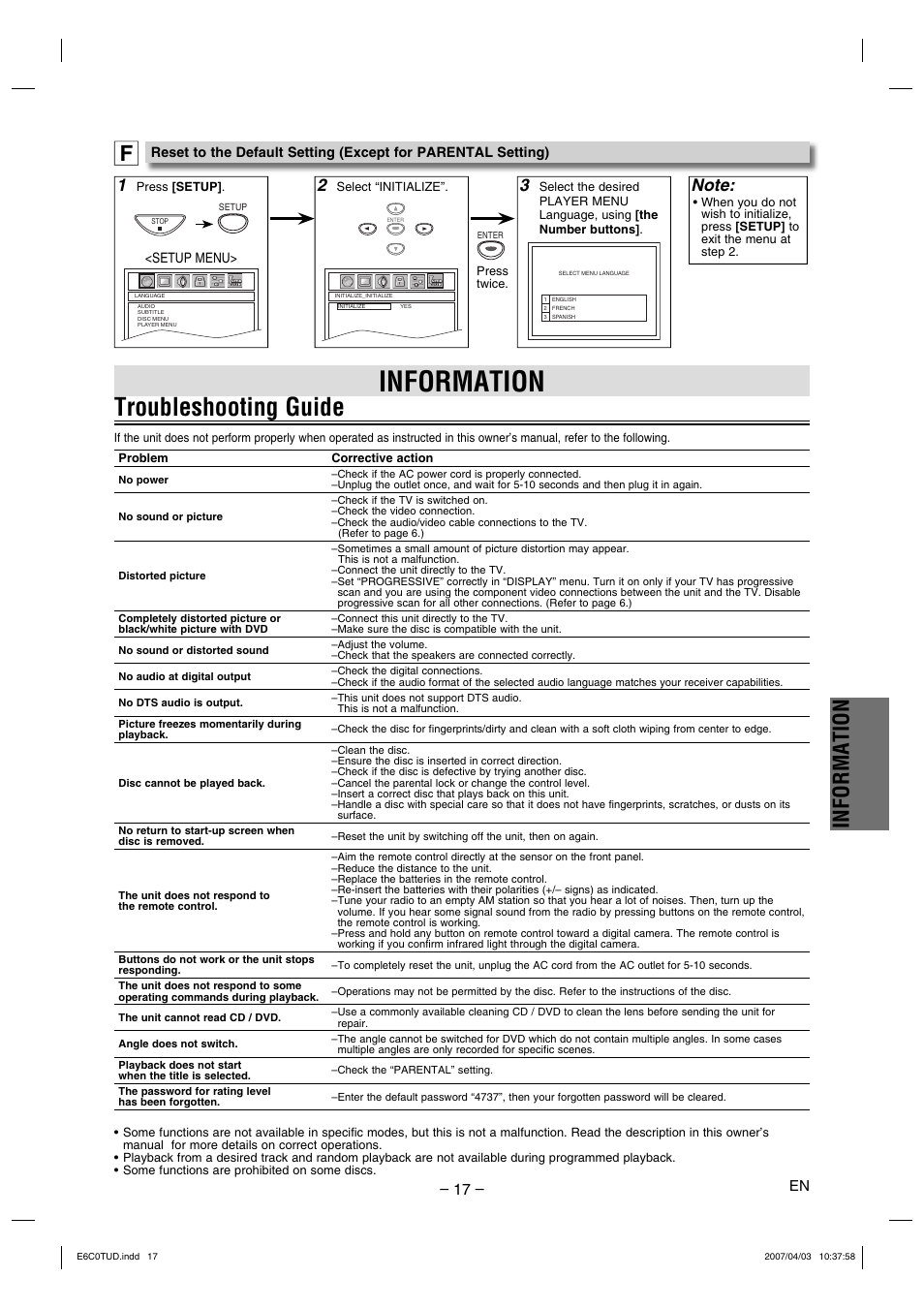 Troubleshooting guide, Information | Philips Magnavox DP100MW8 User Manual | Page 17 / 20