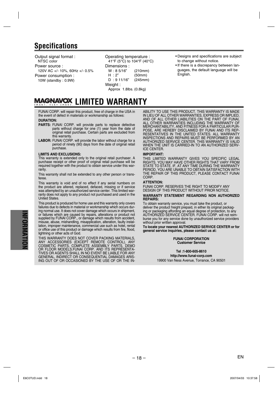 Limited warranty, Specifications, Information | Philips Magnavox DP100MW8 User Manual | Page 18 / 20