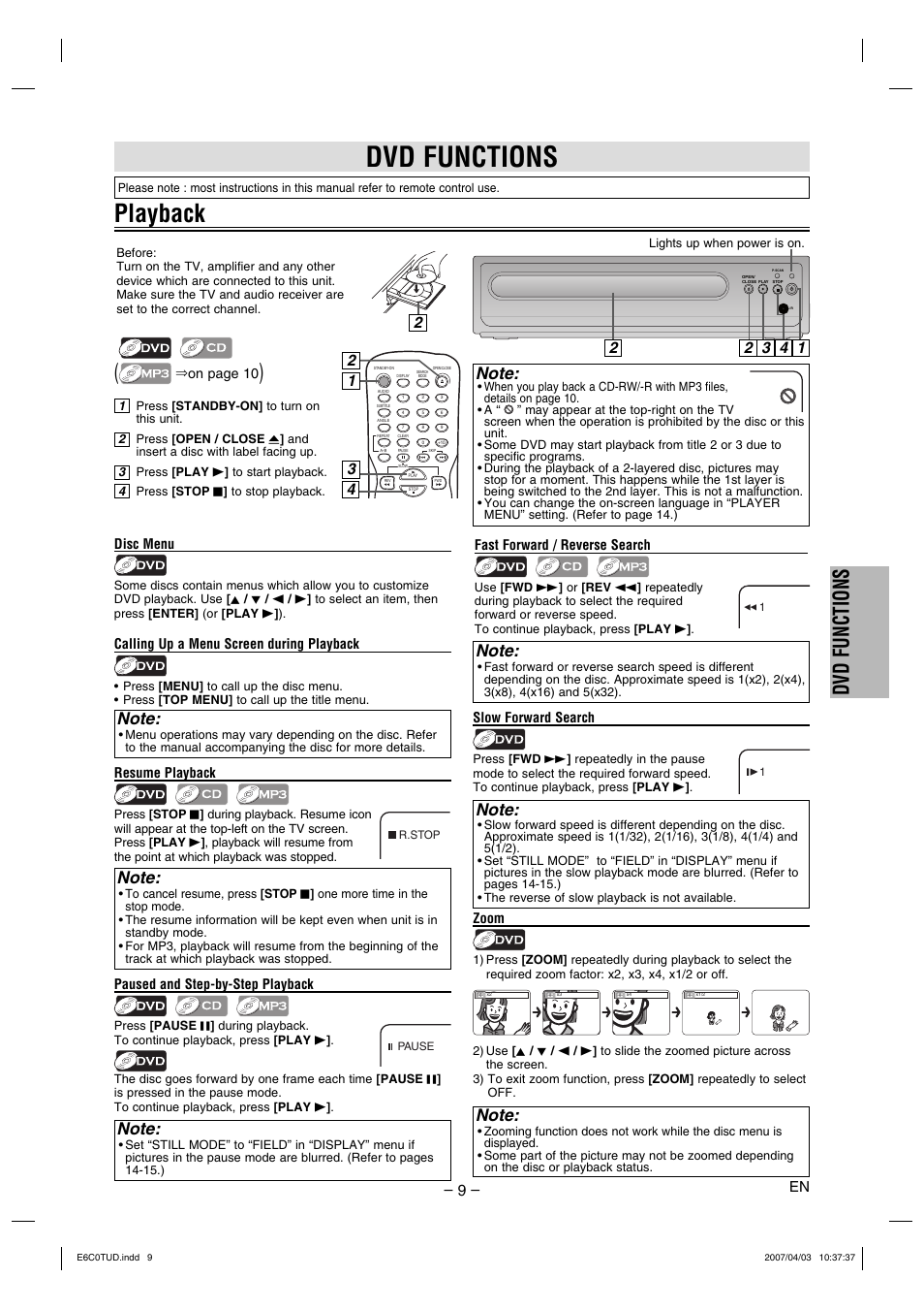 Playback, Dvd functions | Philips Magnavox DP100MW8 User Manual | Page 9 / 20