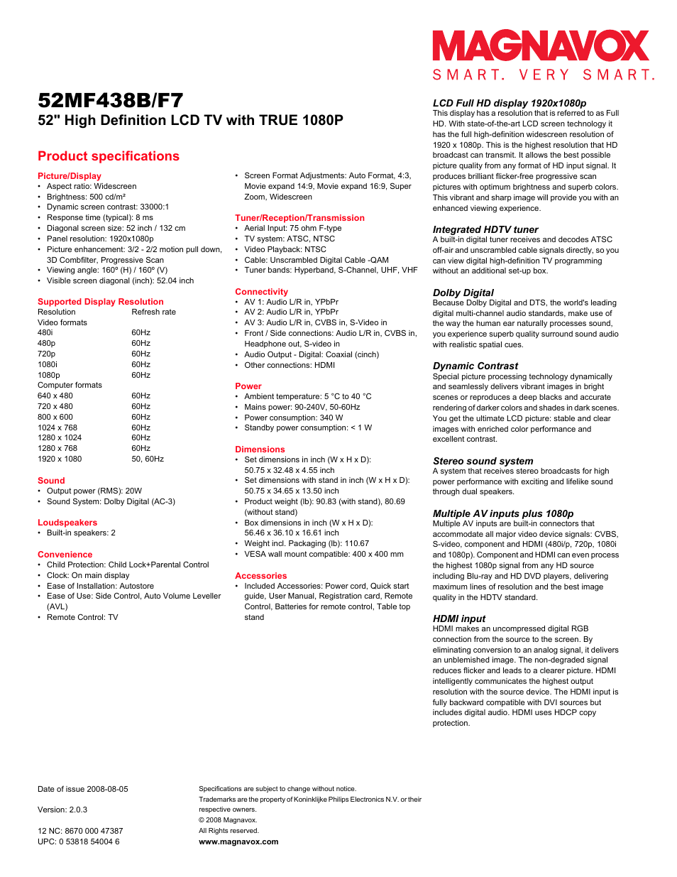 Product specifications | Philips Magnavox 52MF438B/F7 User Manual | Page 2 / 2