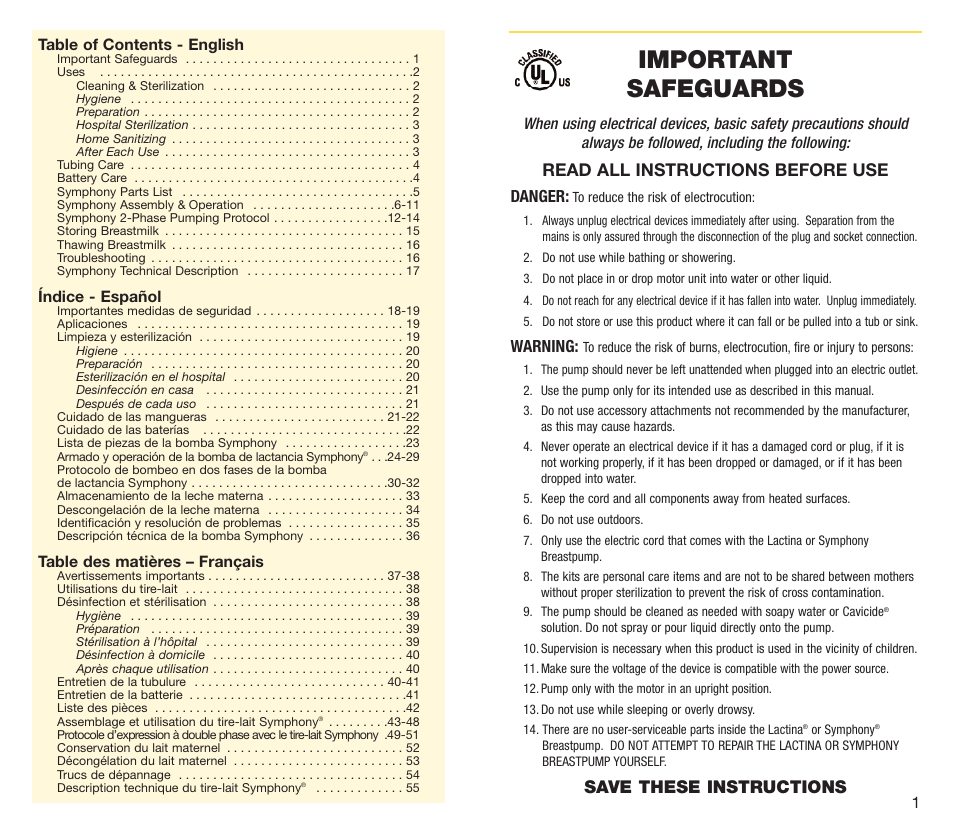 Important safeguards, Read all instructions before use, Save these instructions | Medela Symphony breastpump User Manual | Page 2 / 32