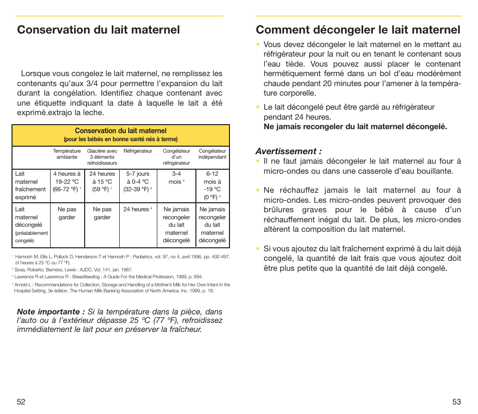 Comment décongeler le lait maternel, Conservation du lait maternel, Avertissement | Medela Symphony breastpump User Manual | Page 29 / 32