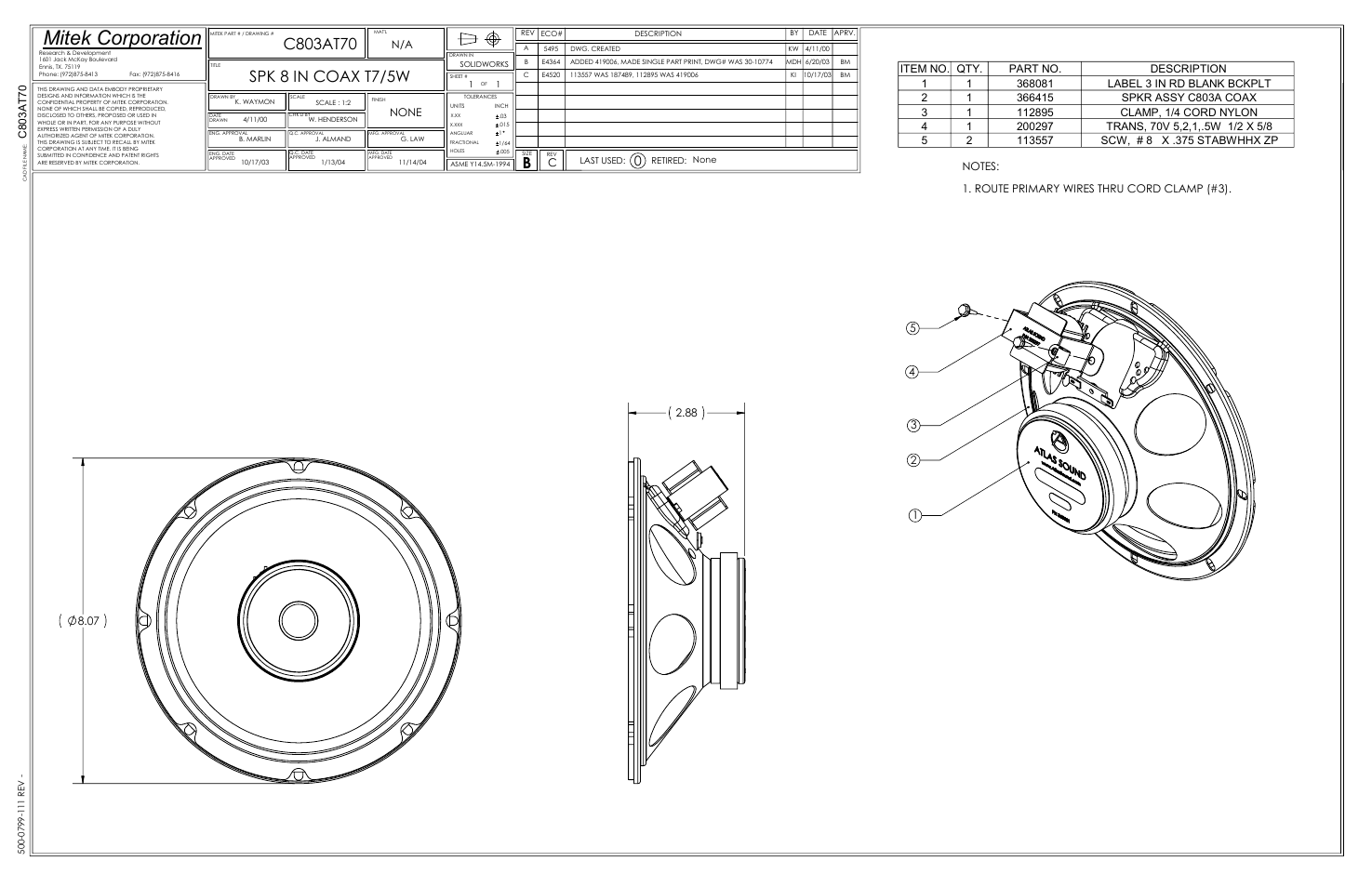 Mitek Loudespeaker C803AT70 User Manual | 1 page