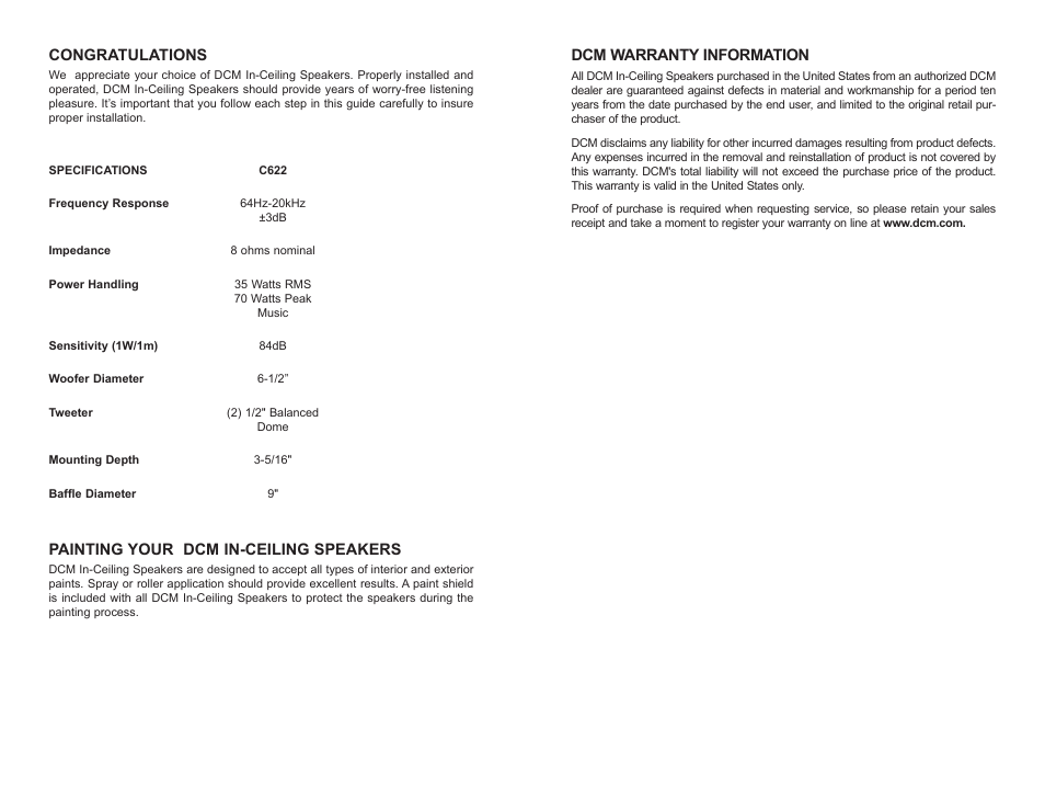 Painting your dcm in-ceiling speakers, Dcm warranty information | Mitek C622 User Manual | Page 2 / 4