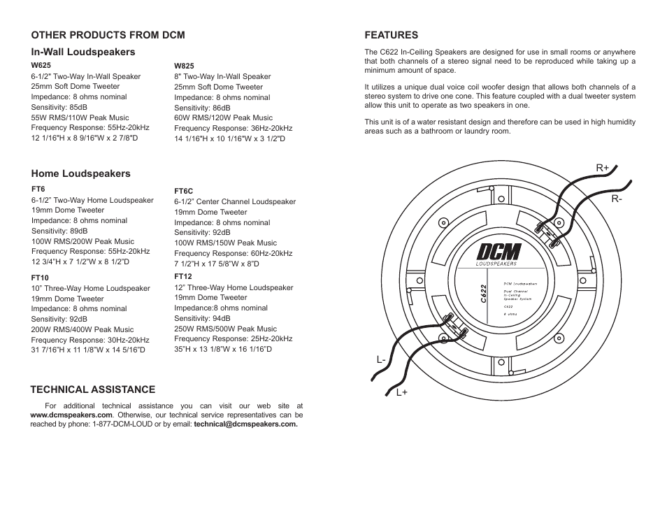 Features, R+ r- l- l, Other products from dcm in-wall loudspeakers | Home loudspeakers technical assistance | Mitek C622 User Manual | Page 3 / 4