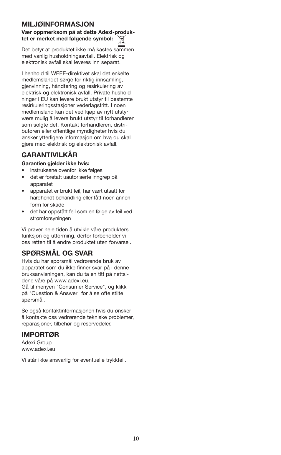 Miljøinformasjon, Garantivilkår, Spørsmål og svar | Importør | Melissa 745-153 User Manual | Page 10 / 27