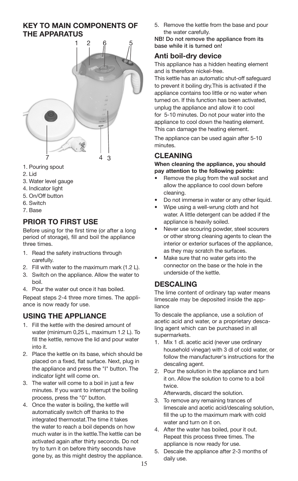 Key to main components of the apparatus, Prior to first use, Using the appliance | Anti boil-dry device, Cleaning, Descaling | Melissa 745-153 User Manual | Page 15 / 27