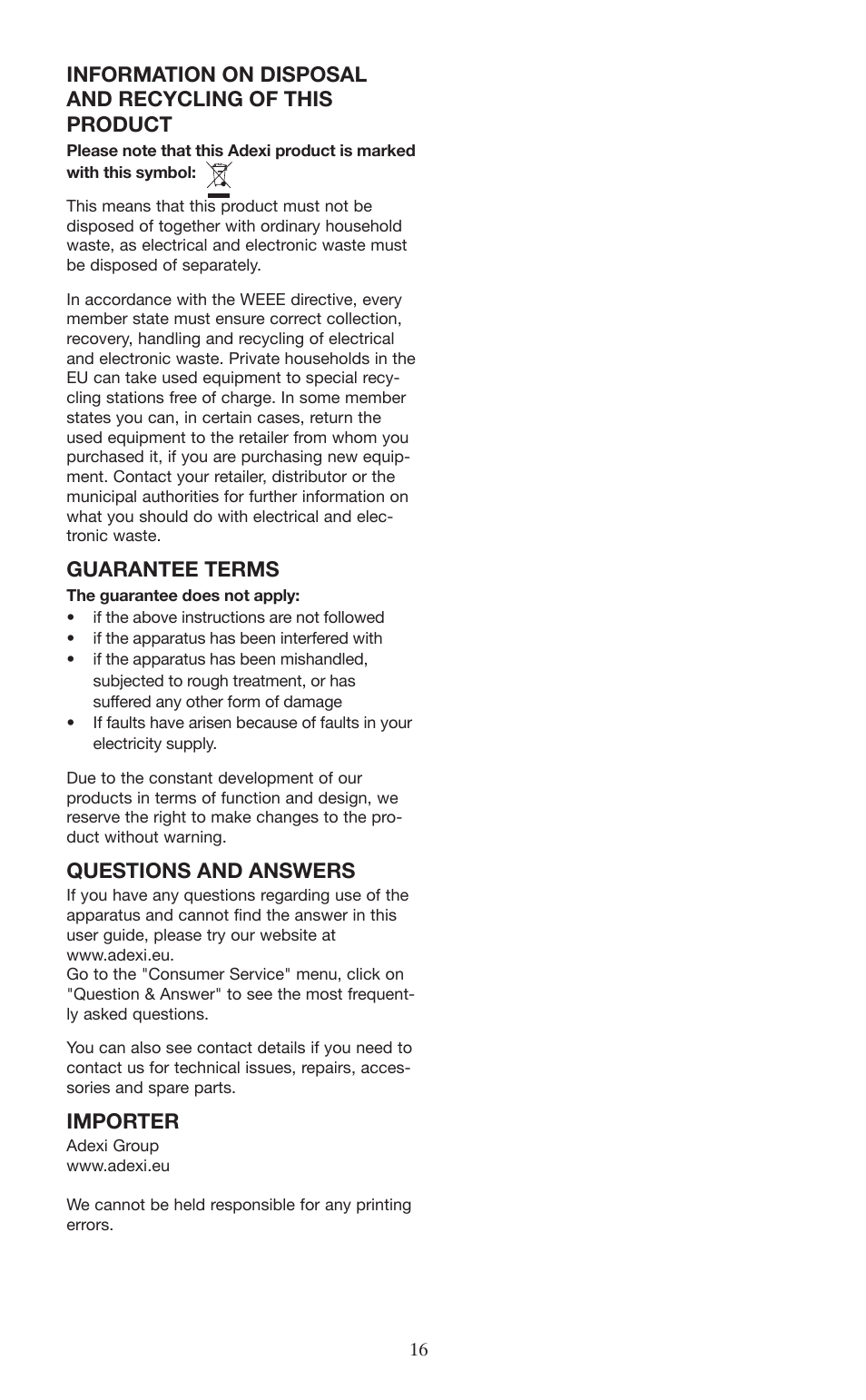 Guarantee terms, Questions and answers, Importer | Melissa 745-153 User Manual | Page 16 / 27