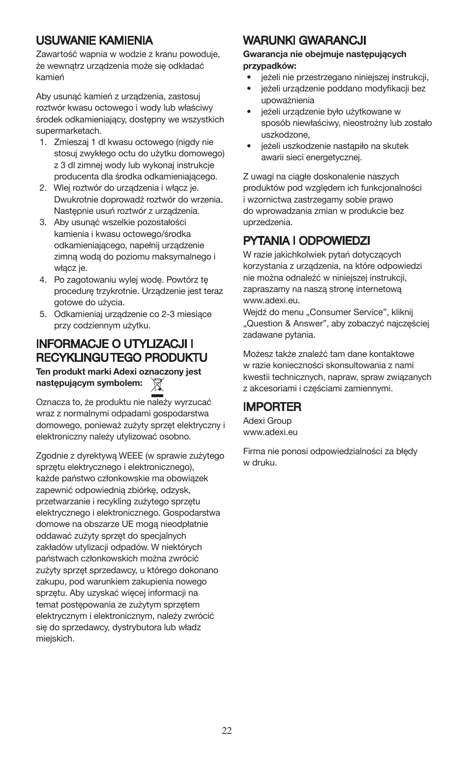 Usuwanie kamienia, Informacje o utylizacji i recyklingu tego produktu, Warunki gwarancji | Pytania i odpowiedzi, Importer | Melissa 745-153 User Manual | Page 22 / 27