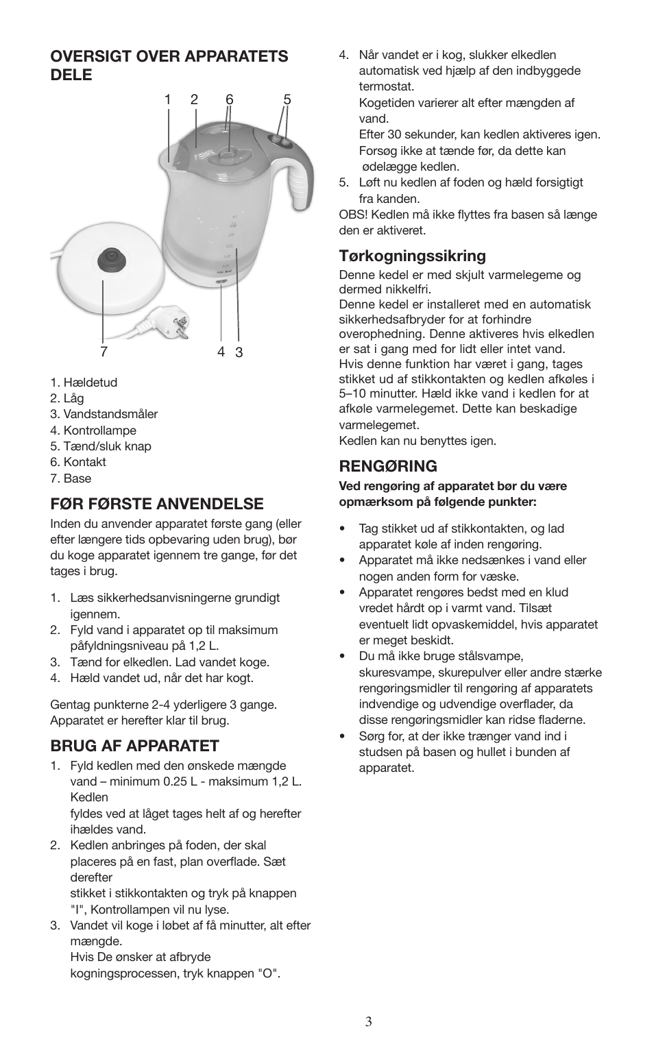 Oversigt over apparatets dele, Før første anvendelse, Brug af apparatet | Tørkogningssikring, Rengøring | Melissa 745-153 User Manual | Page 3 / 27
