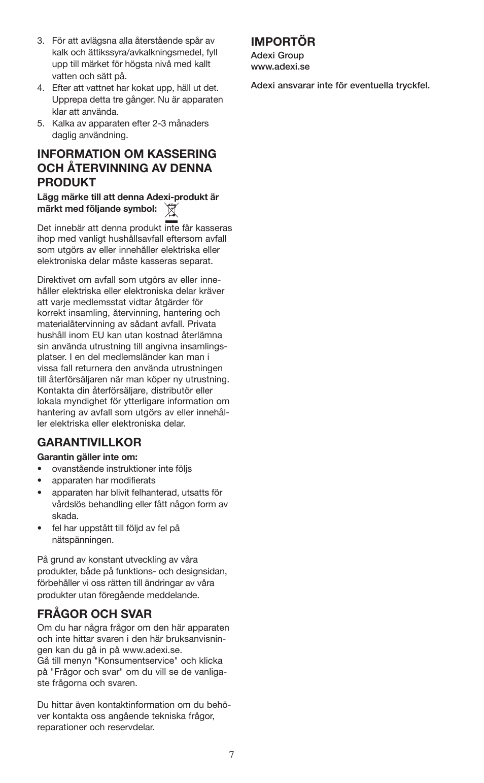 Garantivillkor, Frågor och svar, Importör | Melissa 745-153 User Manual | Page 7 / 27