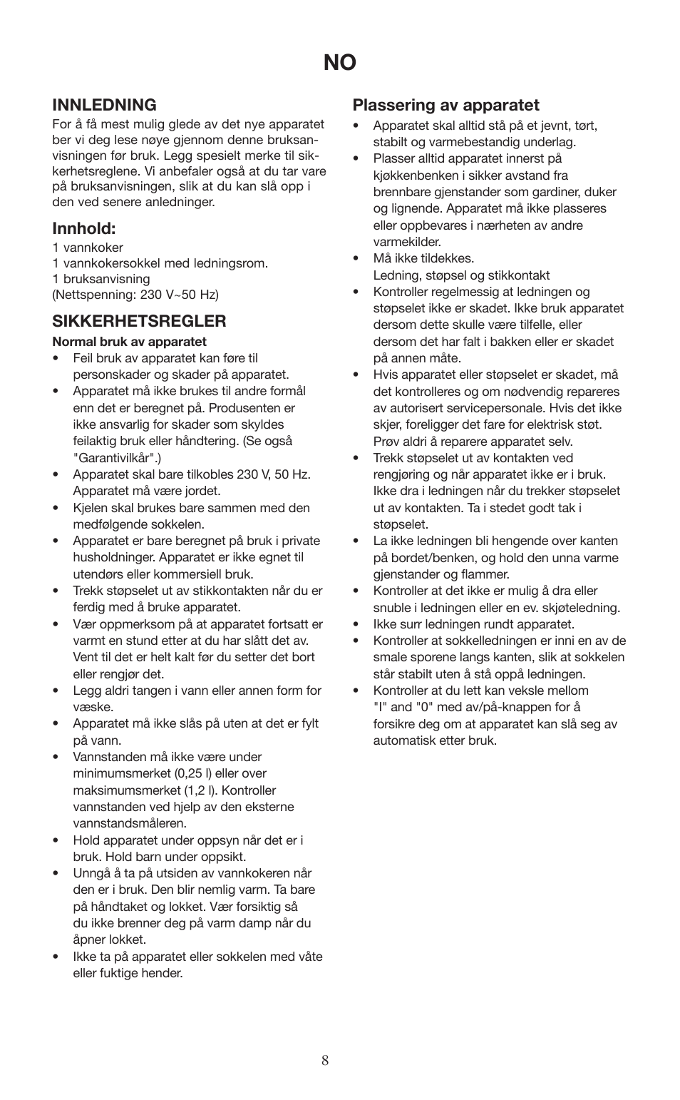 Innledning, Innhold, Sikkerhetsregler | Plassering av apparatet | Melissa 745-153 User Manual | Page 8 / 27