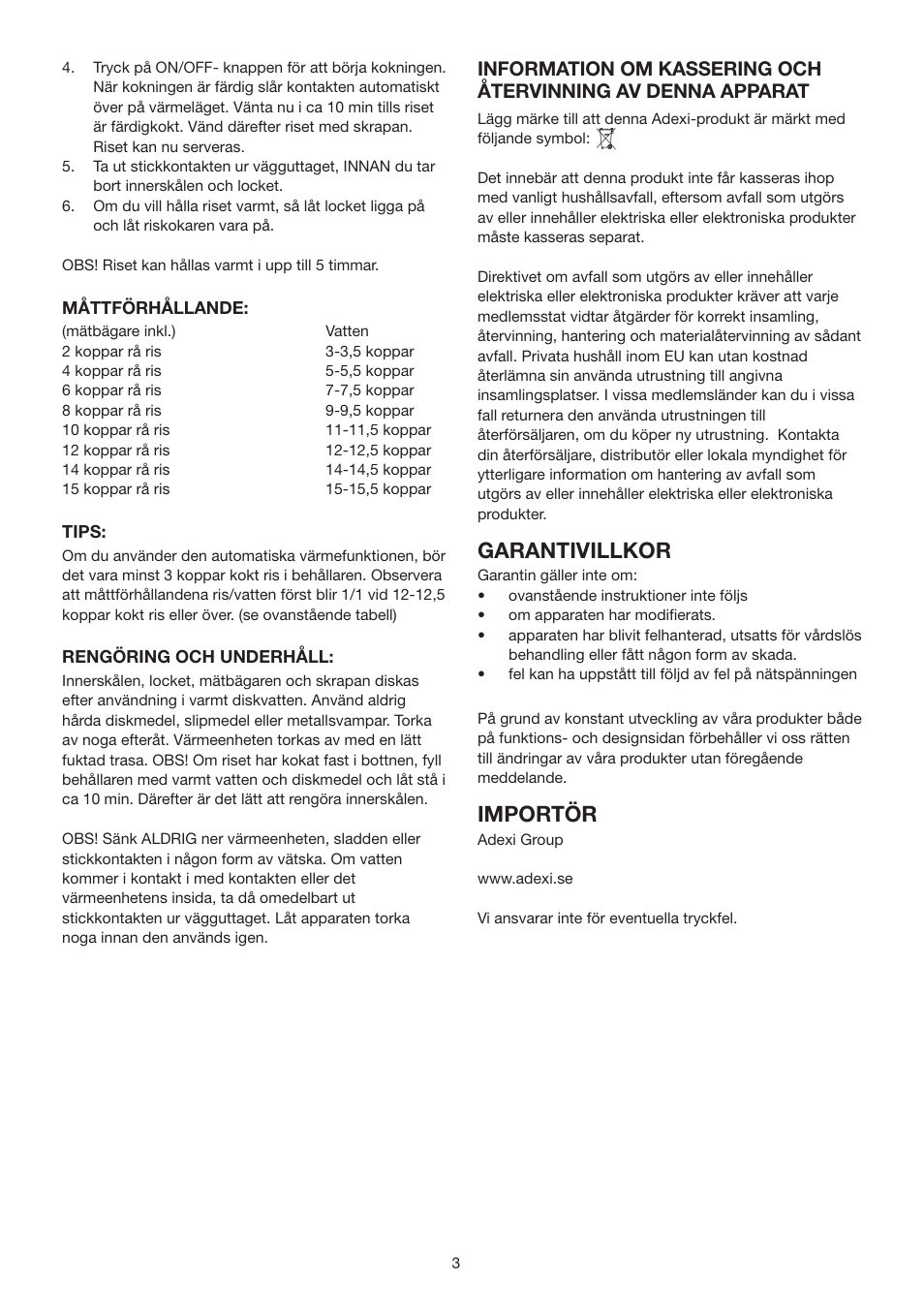 Garantivillkor, Importör | Melissa N/A User Manual | Page 3 / 16