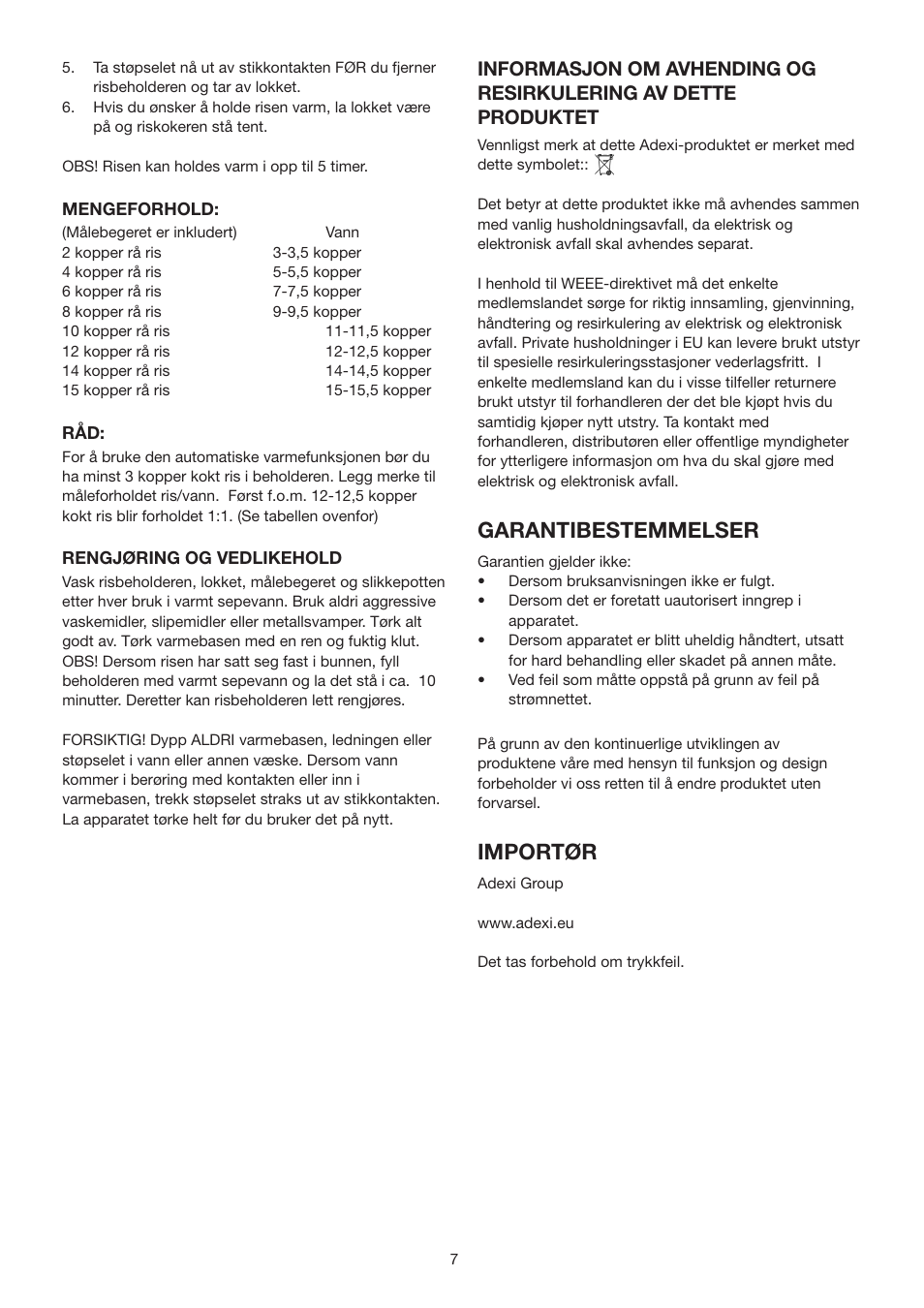 Garantibestemmelser, Importør | Melissa N/A User Manual | Page 7 / 16
