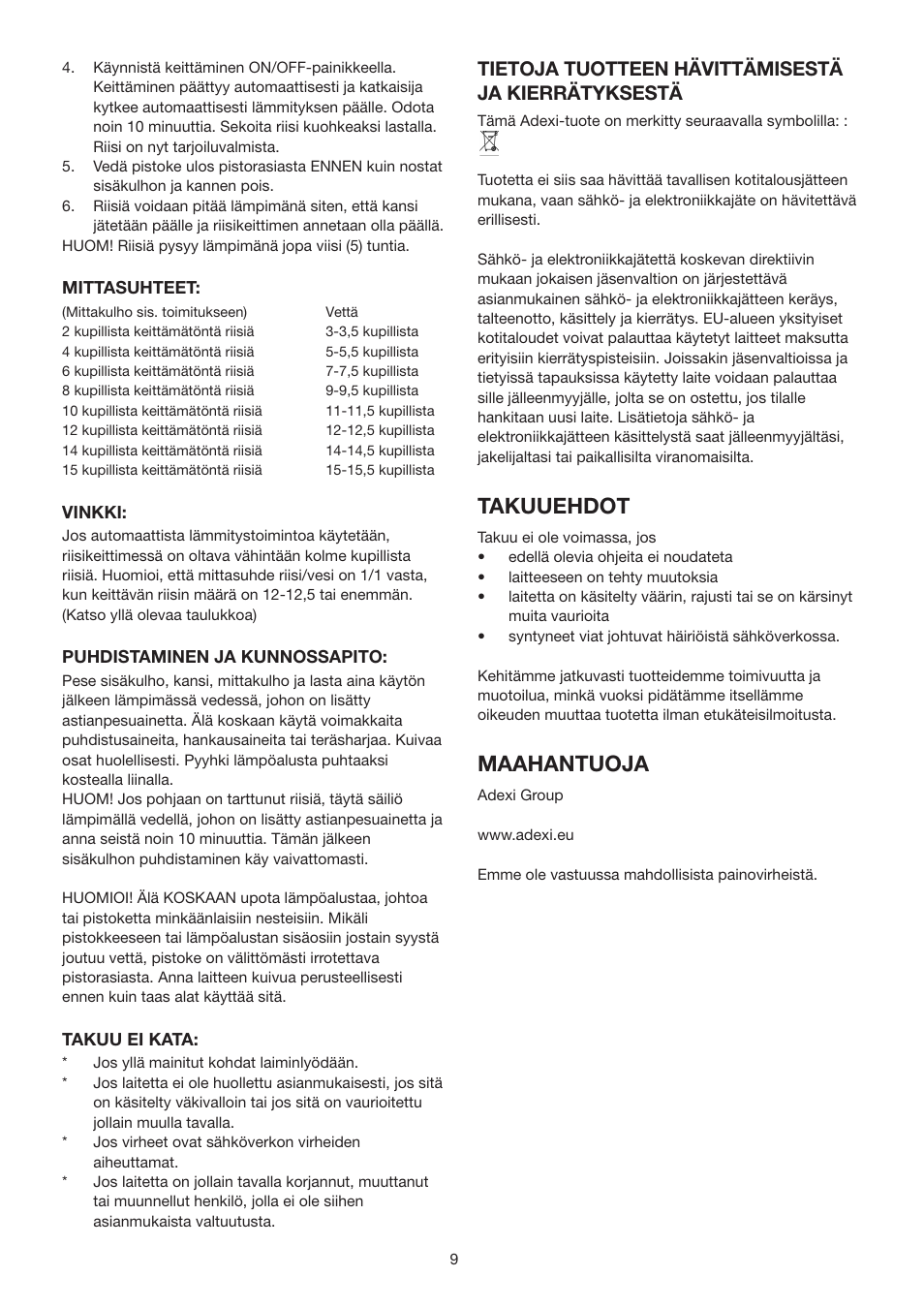 Takuuehdot, Maahantuoja, Tietoja tuotteen hävittämisestä ja kierrätyksestä | Melissa N/A User Manual | Page 9 / 16