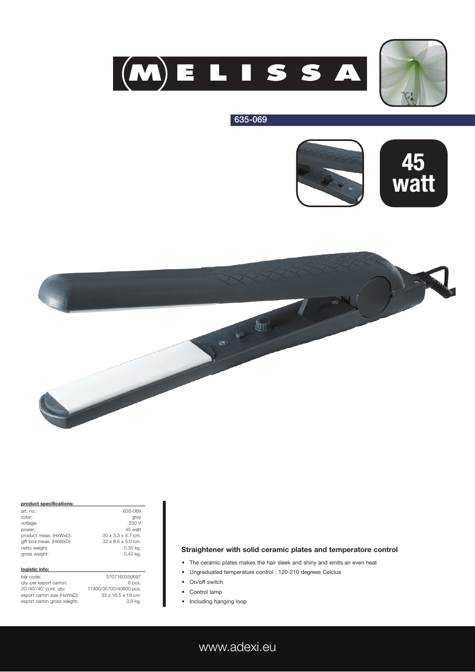 Melissa Straightener with Solid Ceramic Plates and Temperatore Control 635-069 User Manual | 1 page
