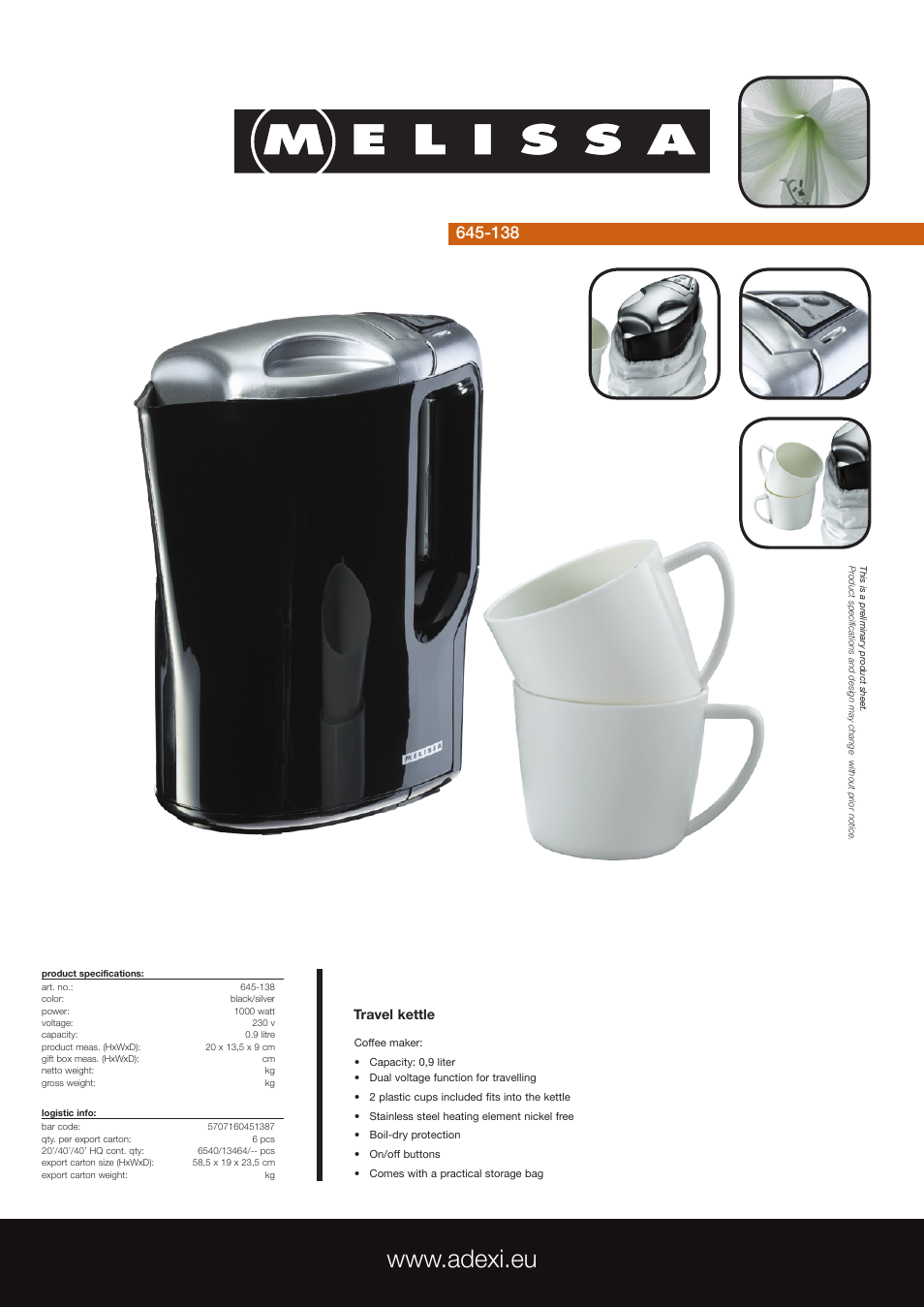 Melissa Travel Kettle 645-138 User Manual | 1 page