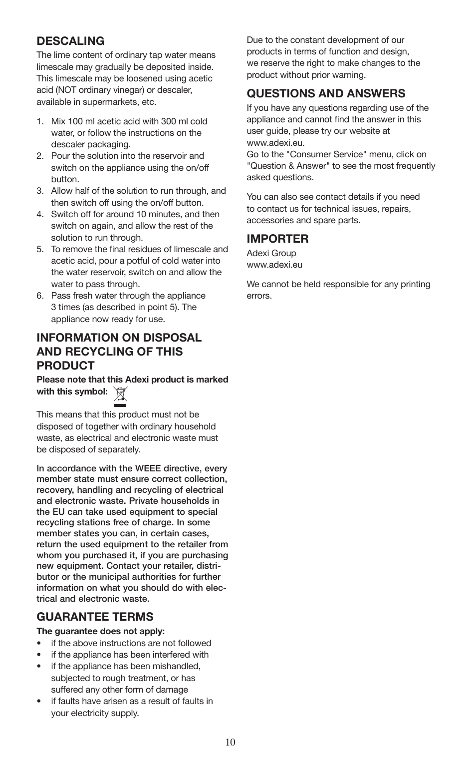 Descaling, Guarantee terms, Questions and answers | Importer | Melissa ide line 745-190 User Manual | Page 10 / 10
