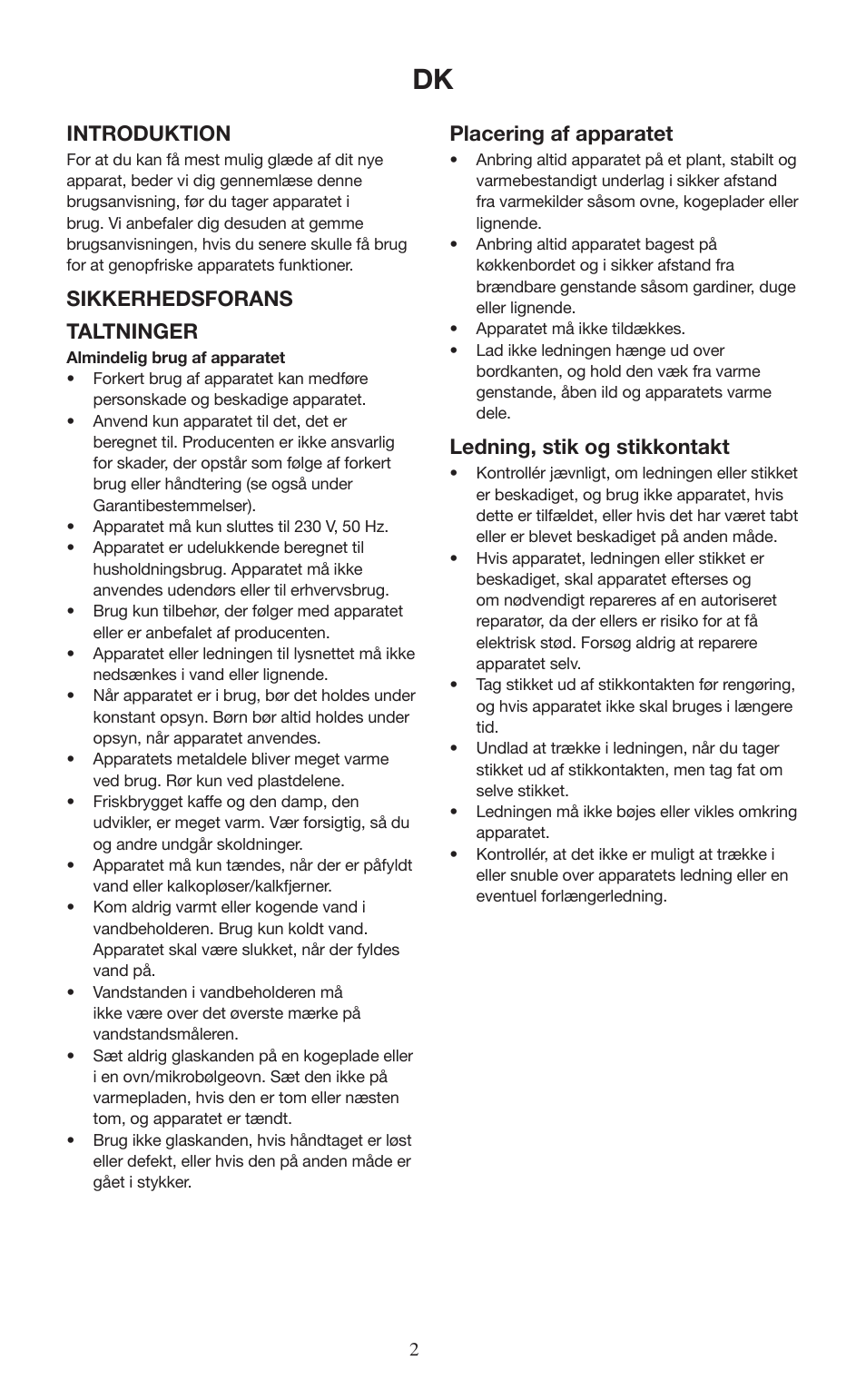 Introduktion, Sikkerhedsforans taltninger, Placering af apparatet | Ledning, stik og stikkontakt | Melissa ide line 745-190 User Manual | Page 2 / 10