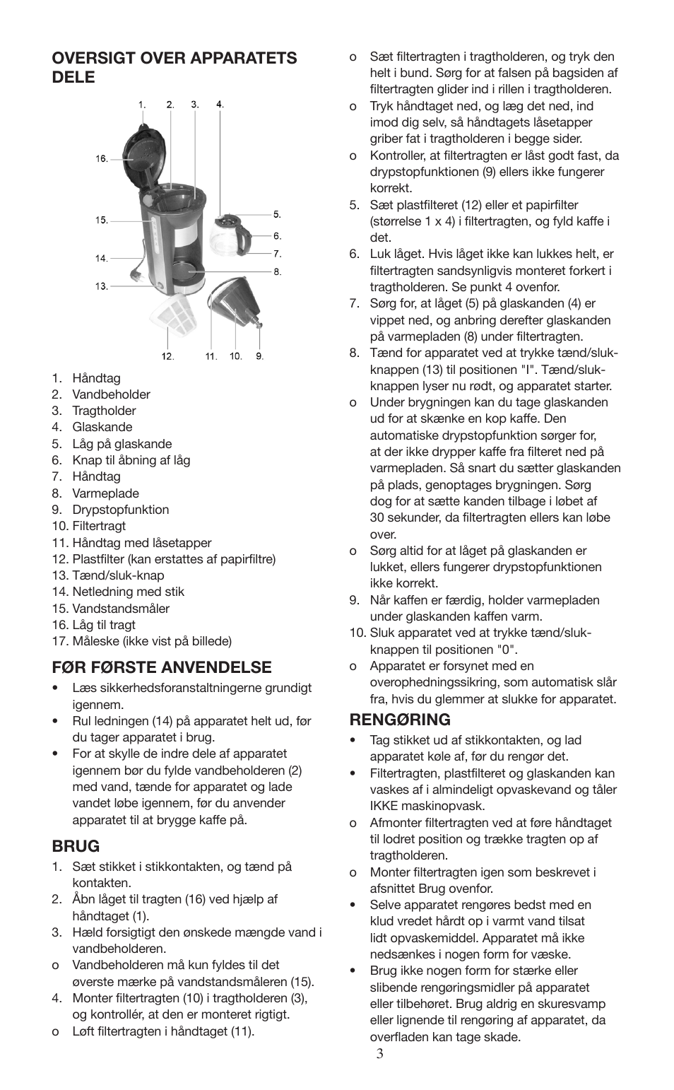 Oversigt over apparatets dele, Før første anvendelse, Brug | Rengøring | Melissa ide line 745-190 User Manual | Page 3 / 10